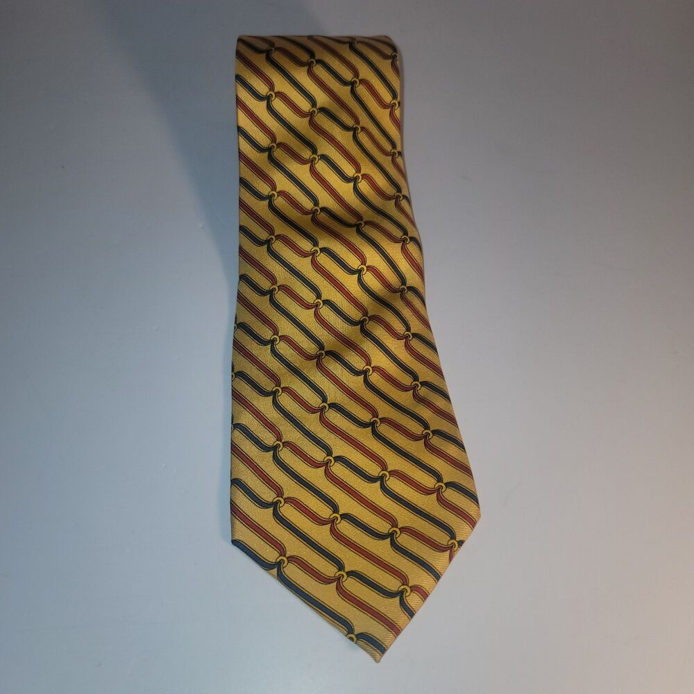 Vintage Burberry Silk Necktie Gold With Maroon Navy Links England UK 4" x 58"